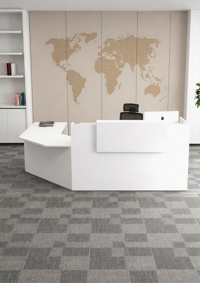 Banque d’accueil professionnelle d’angle 90° avec retour PMR – Gamme ABBA