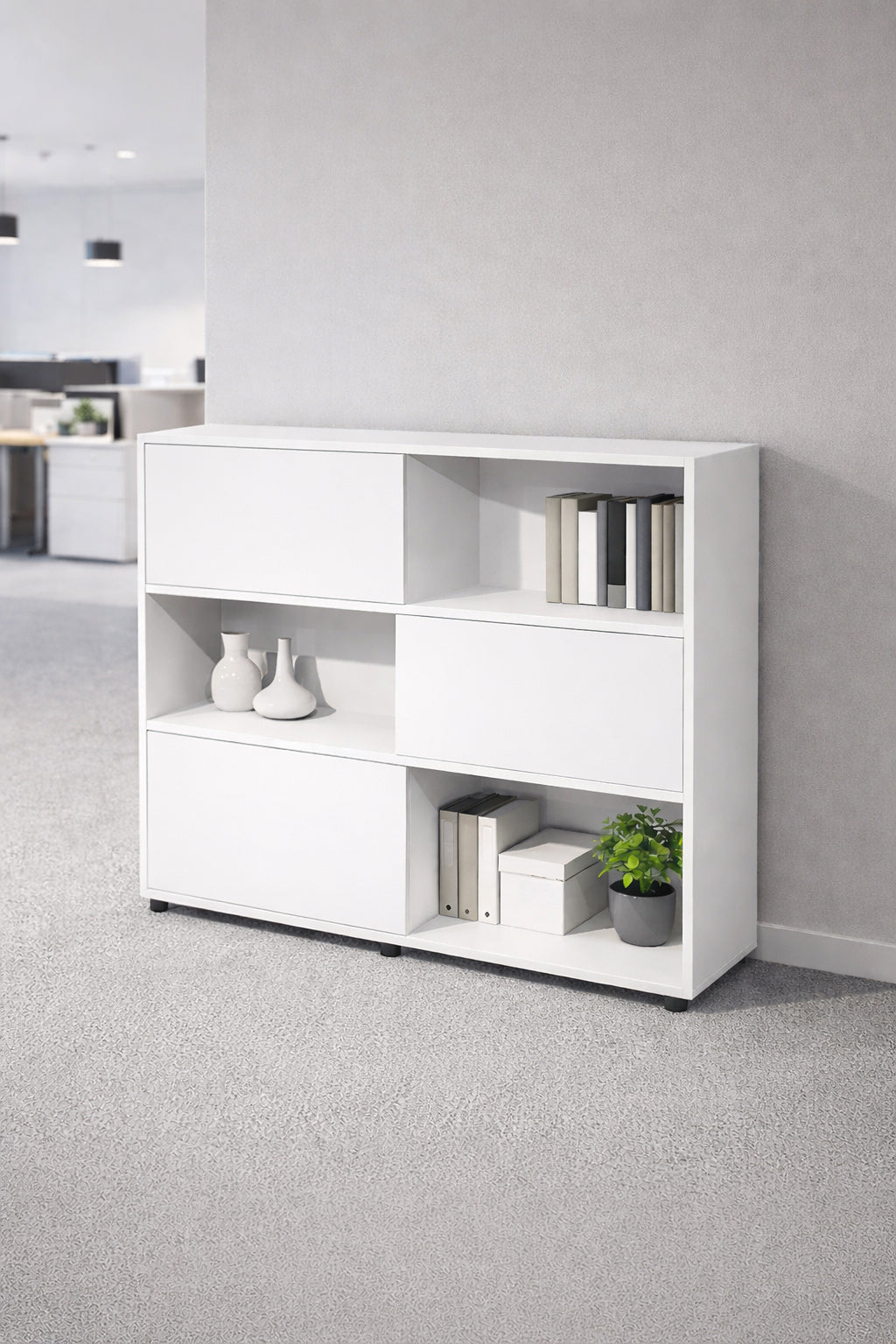 Bibliothèque mi-haute Curvy / Express Plus – 3 portes coulissantes, 3 niches ouvertes