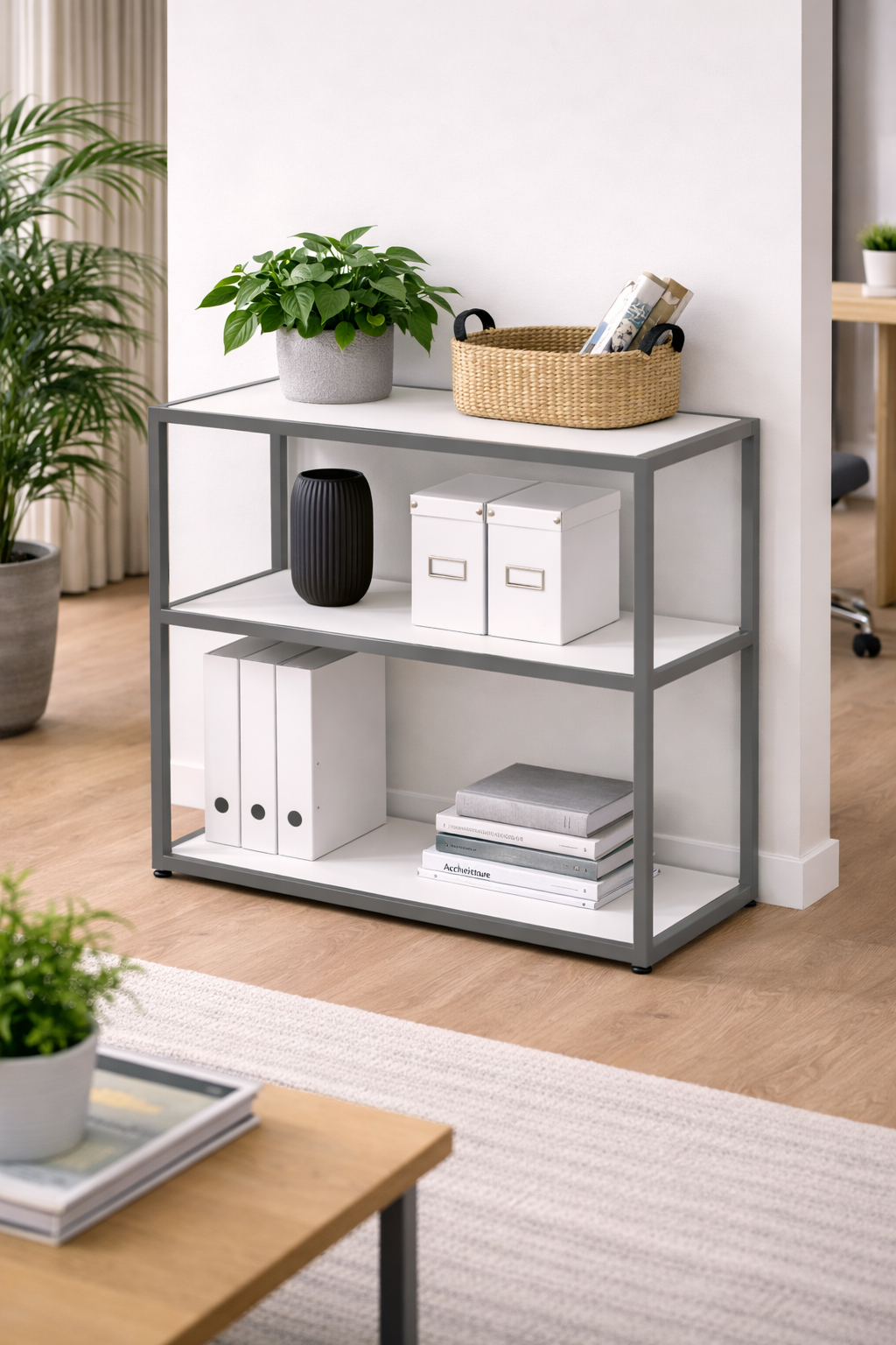 Bibliothèque Basse Design EDGE - Rangement Professionnel Bois mélaminé & Métal