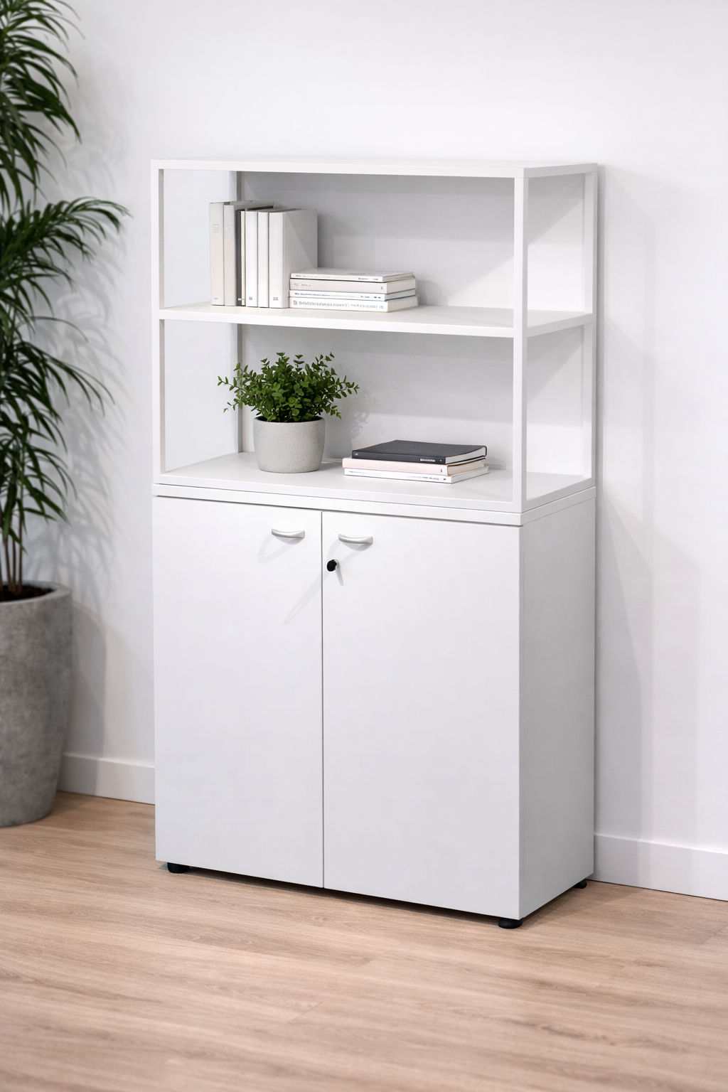 Bibliothèque Mi-haute Design EDGE - Rangement Professionnel Bois avec portes basses