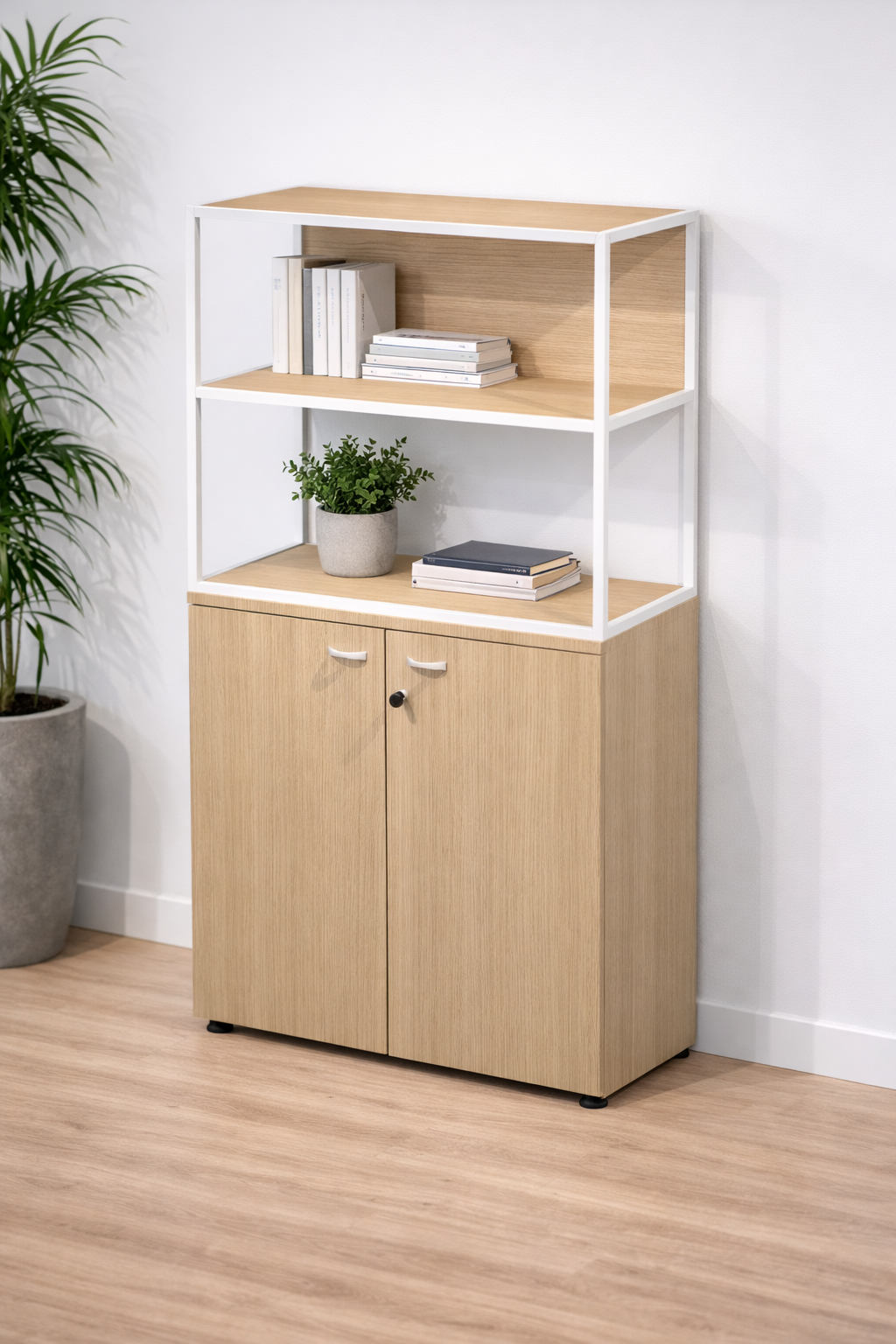 Bibliothèque Mi-haute Design EDGE - Rangement Professionnel Bois avec portes basses