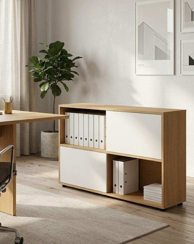 Bibliothèque basse Curvy / Express Plus - 2 portes coulissantes, 2 niches ouvertes