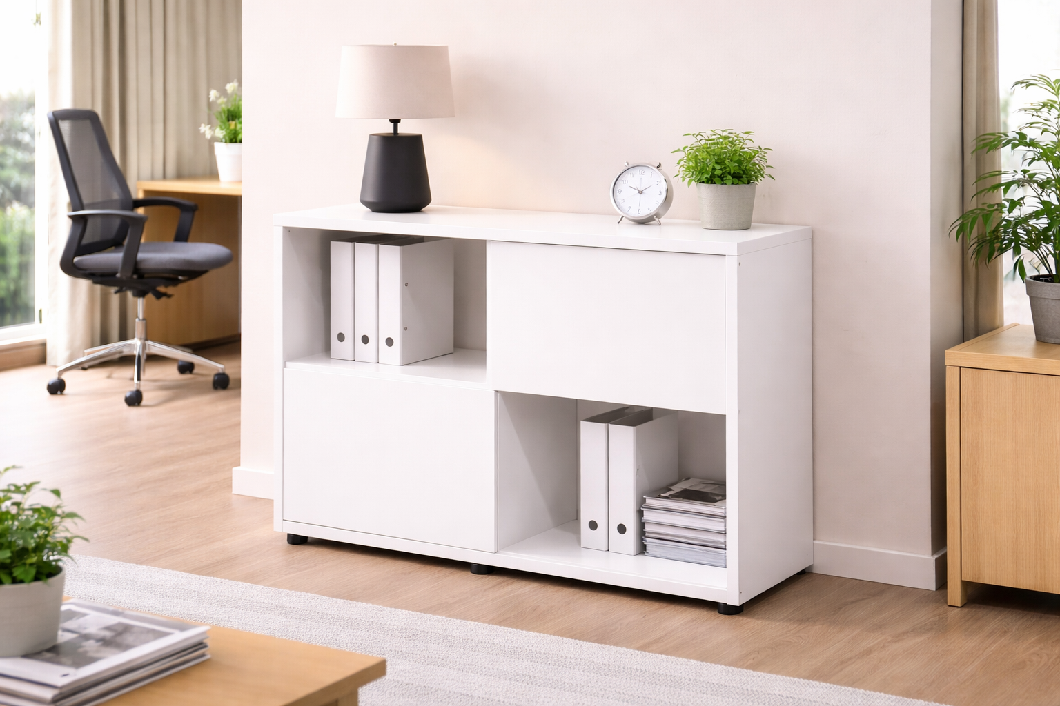 Bibliothèque basse Curvy / Express Plus - 2 portes coulissantes, 2 niches ouvertes