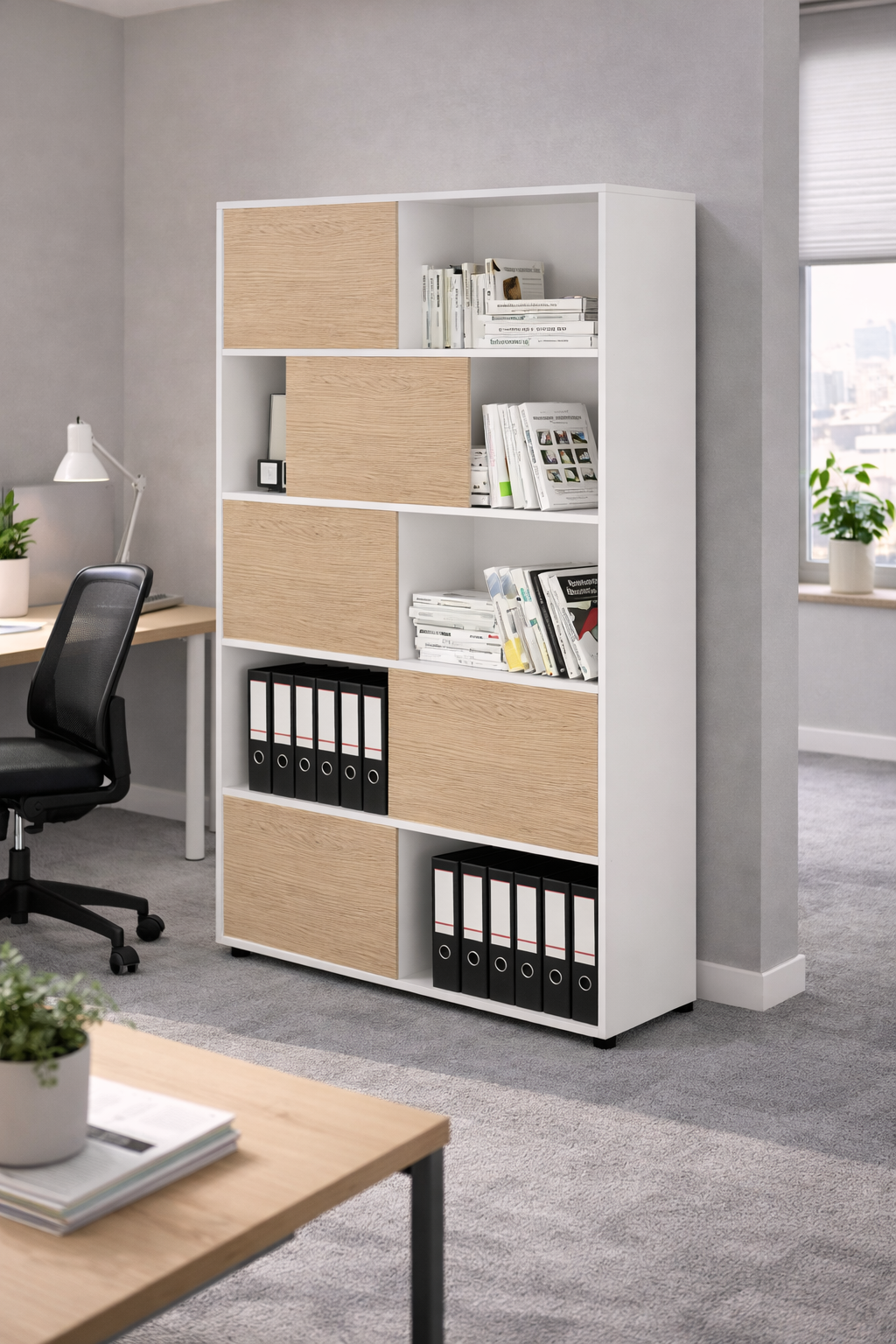 Bibliothèque haute Curvy / Express Plus – 5 portes coulissantes, 5 niches ouvertes