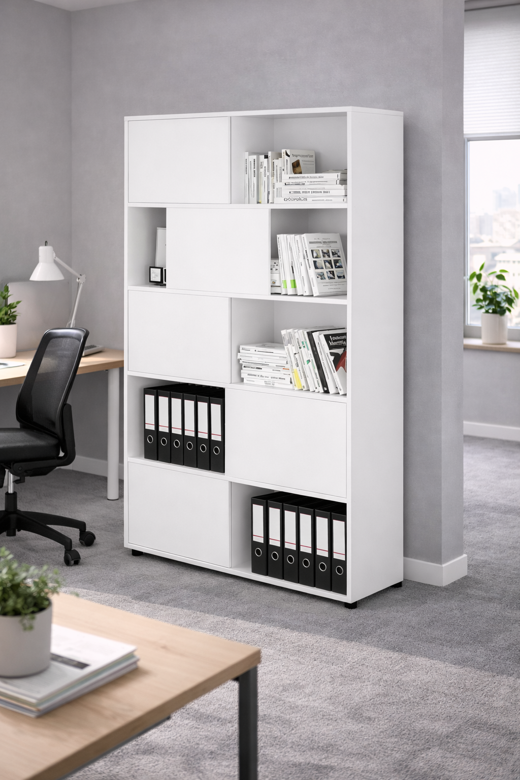 Bibliothèque haute Curvy / Express Plus – 5 portes coulissantes, 5 niches ouvertes