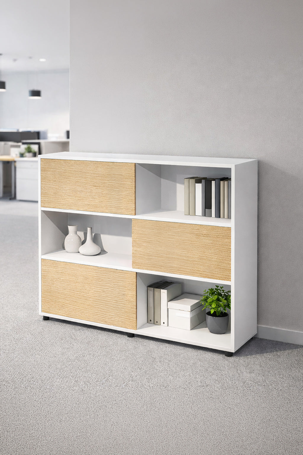 Bibliothèque mi-haute Curvy / Express Plus – 3 portes coulissantes, 3 niches ouvertes