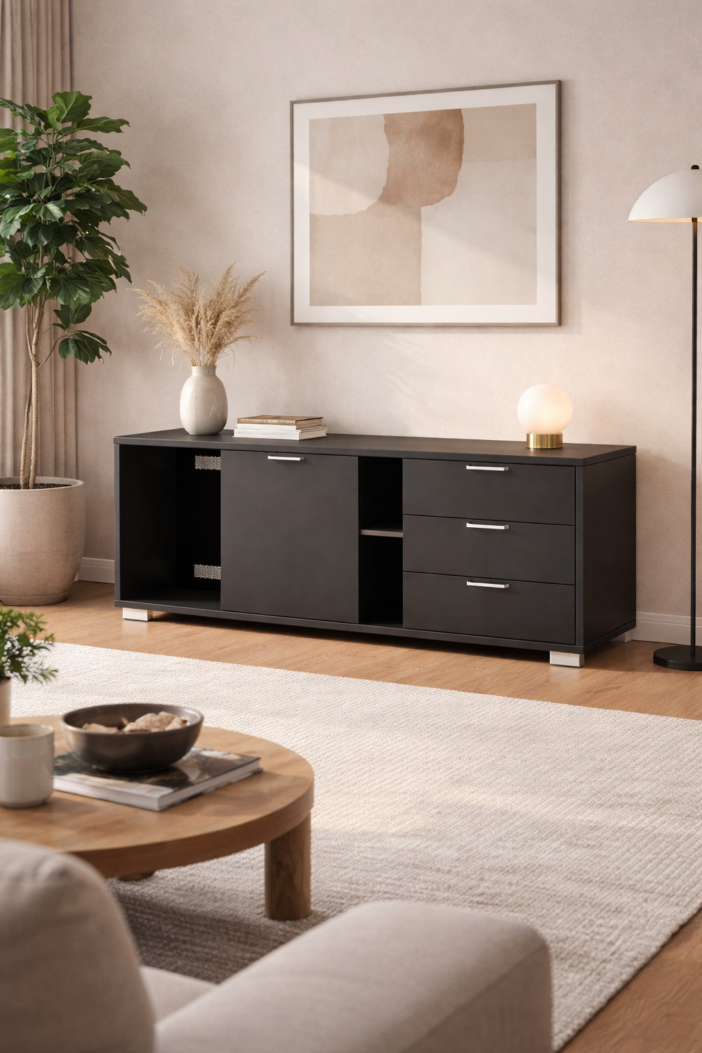 Crédence à tiroirs et porte coulissante – Gamme Tempo / Delta