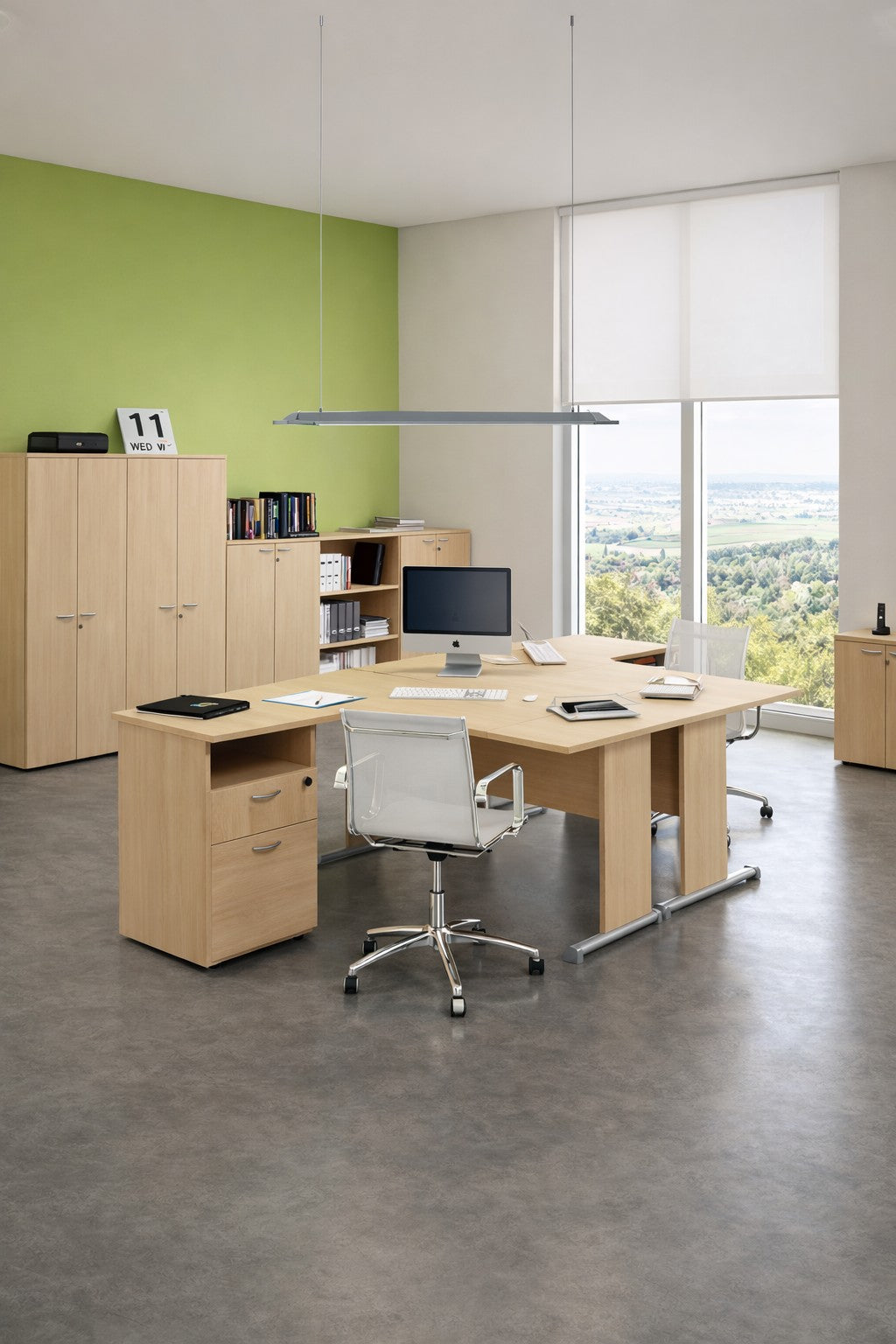 Solution de Bureau Compact Budget pieds L – Bureau & Caisson Associé