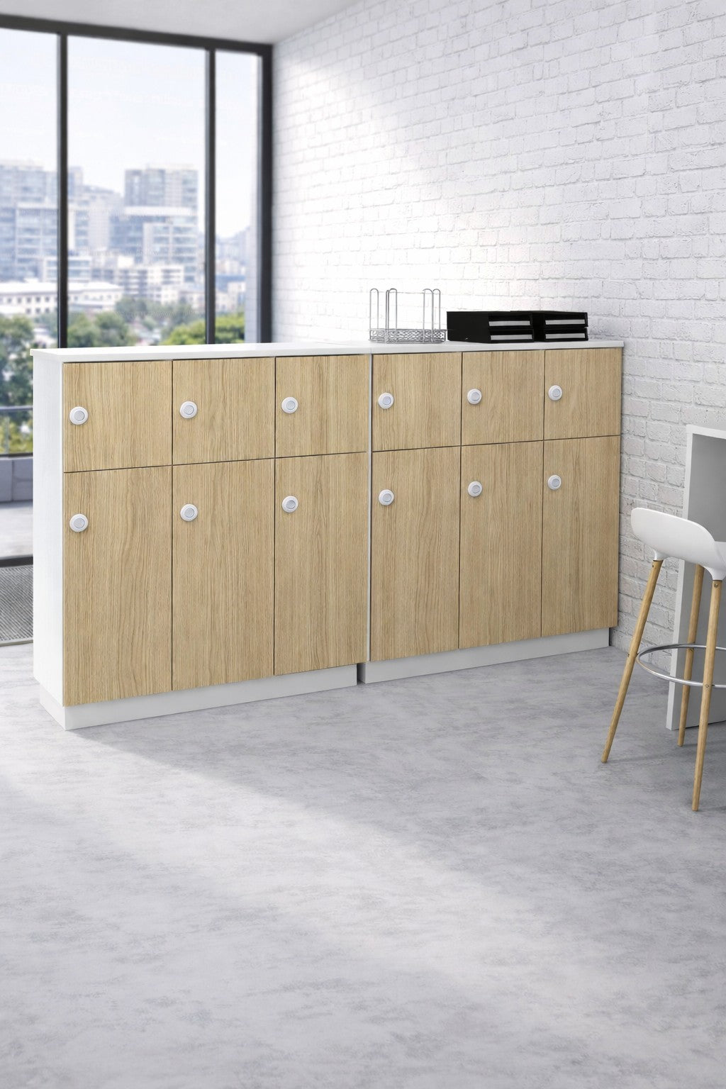 Vestiaire de bureau individuel en bois 3 colonnes sur socle - Gamme Astral